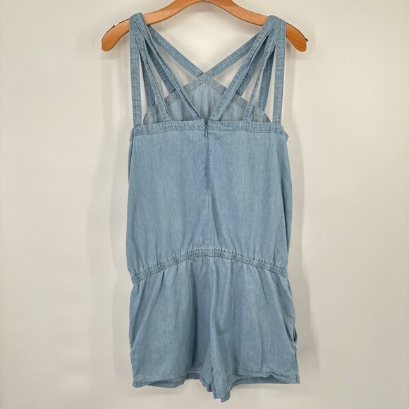 Fabletics Women's chambray Blue Denim Romper Pockets Crisscross Straps sz medium - Picture 5 of 10